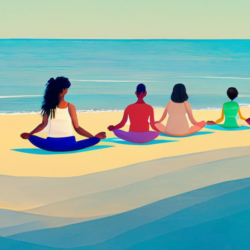 Disegno di una meditazione di gruppo su una spiaggia.