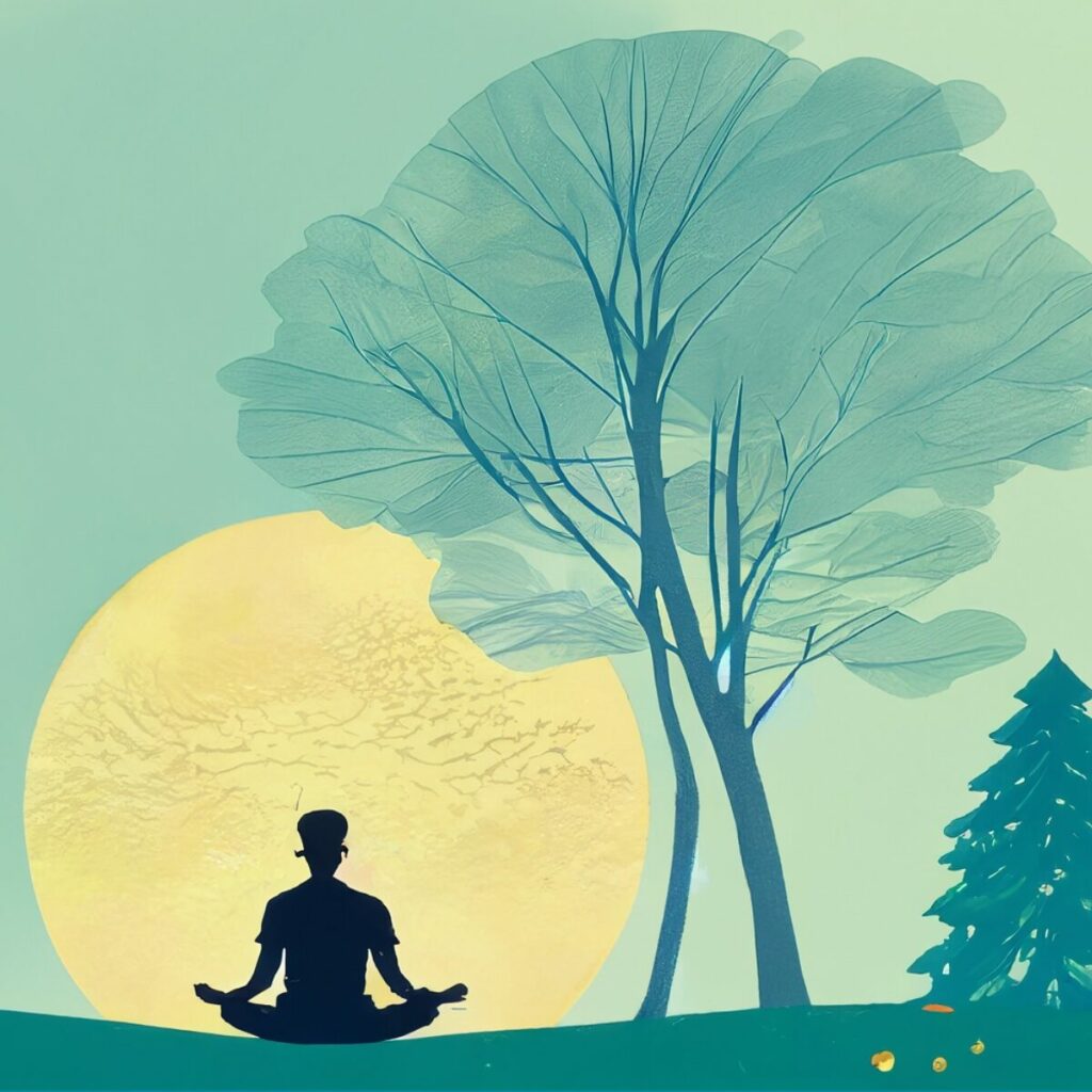 Come imparare a meditare: disegno di una uomo che medita davanti alla luna.