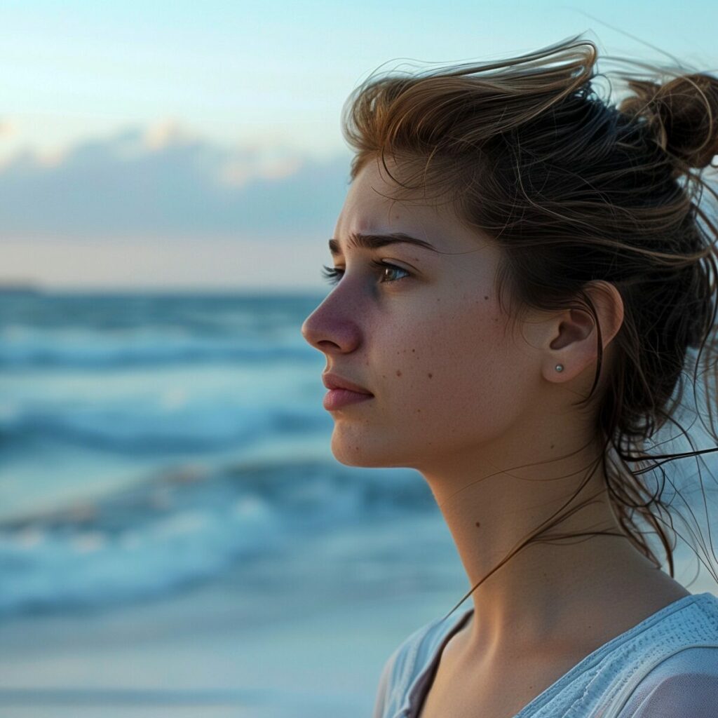 Ragazza che ascolta la sua rabbia con il mare sullo sfondo