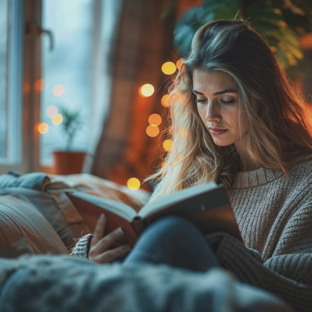 Night routine perfetta: ragazza che legge un libro sul letto