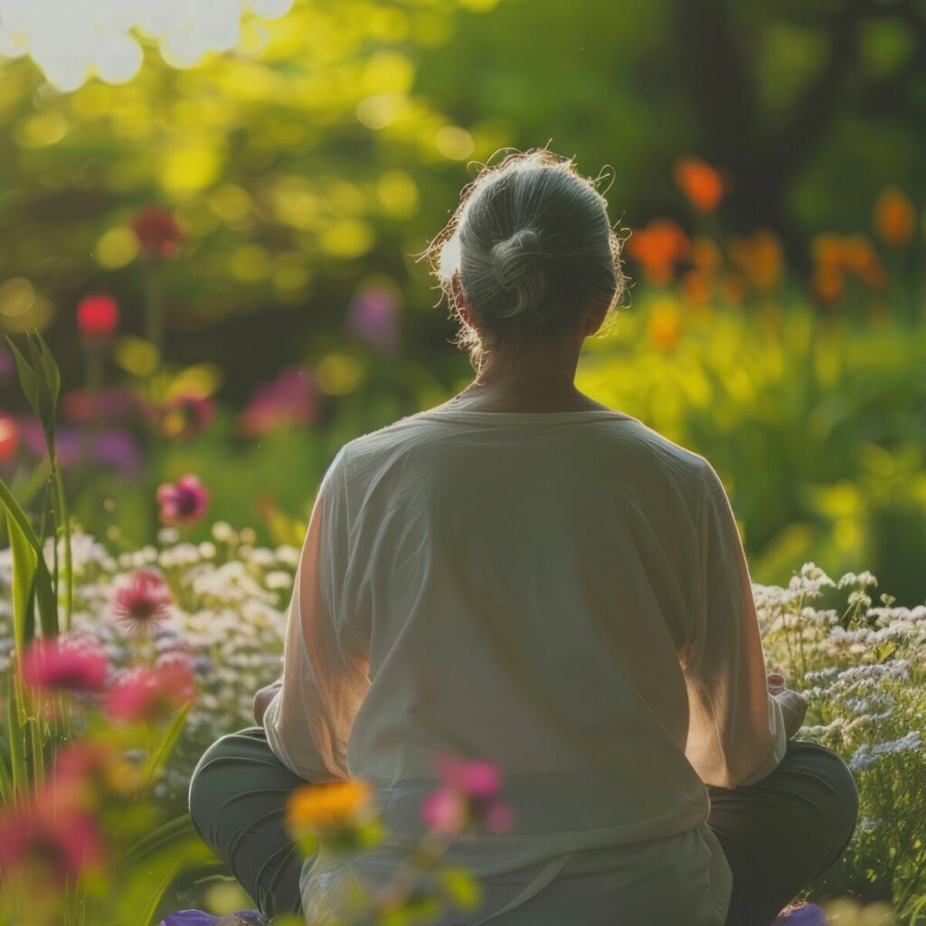 Attacchi di ansia cosa fare: donna di spalle che medita tra fiori