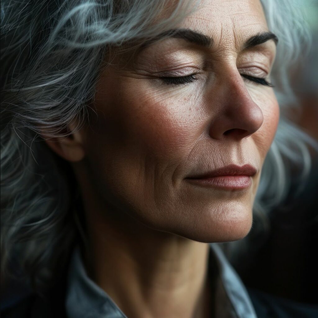 Donna con i capelli grigi che riflette su come eliminare i pensieri negativi che tormentano.