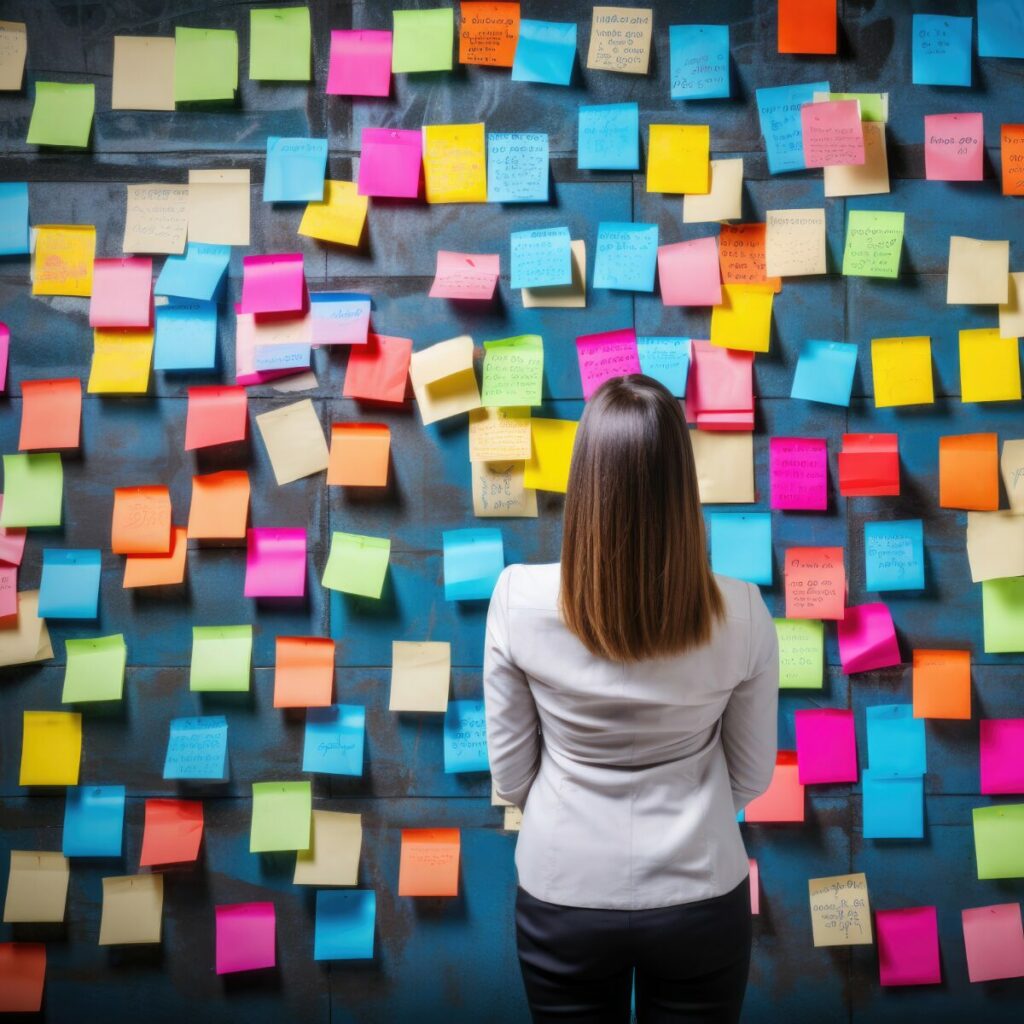 10 Distorsioni Cognitive Esempi. Ragazza di spalle che guarda tanti post-it colorati.