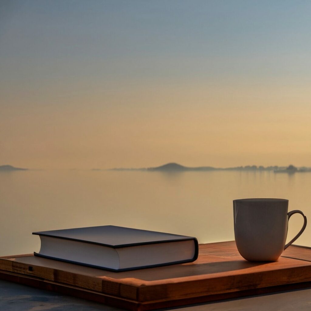 Morning routine perfetta: tazza e agenda con un lago sullo sfondo