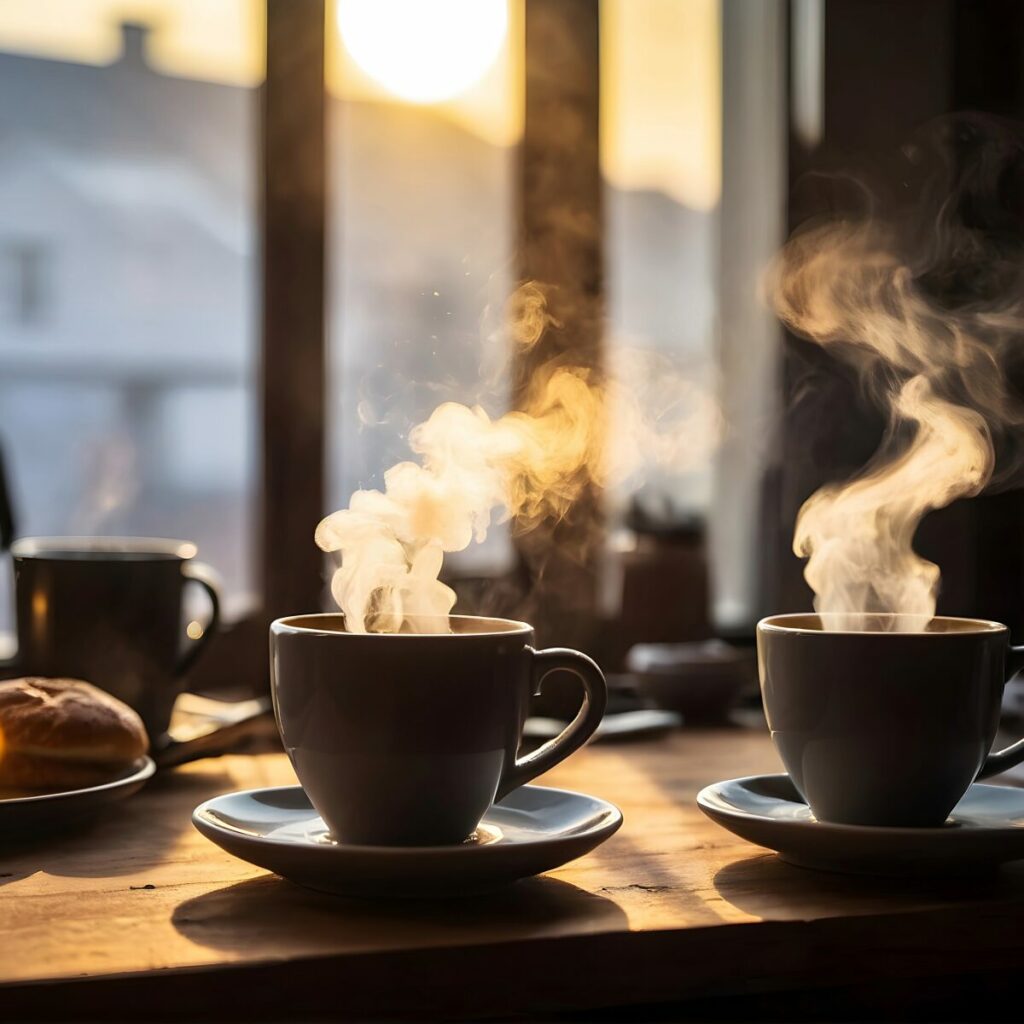 Morning routine perfetta: due tazze di caffè fumanti