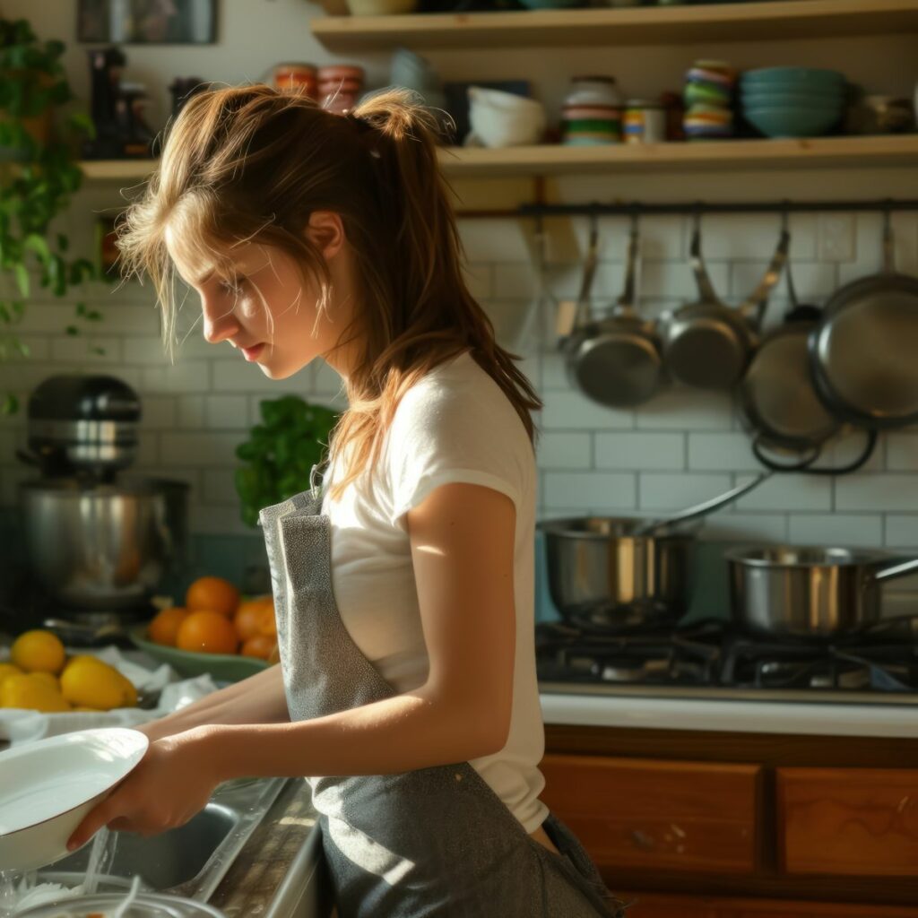 How to harness the power of thoughts: a young woman washing the dishes