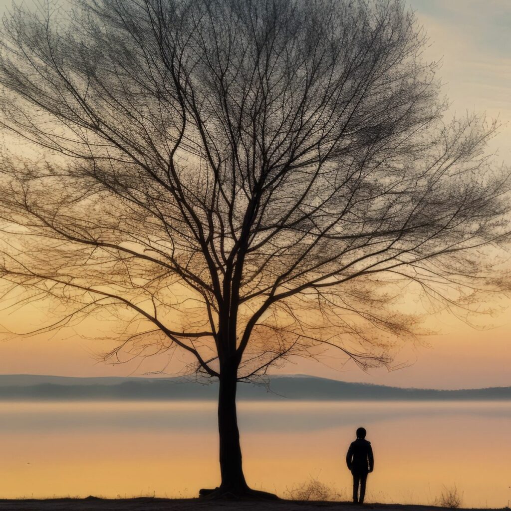 Il potere dei pensieri rappresentato da una sagoma affianco a un albero senza foglie.